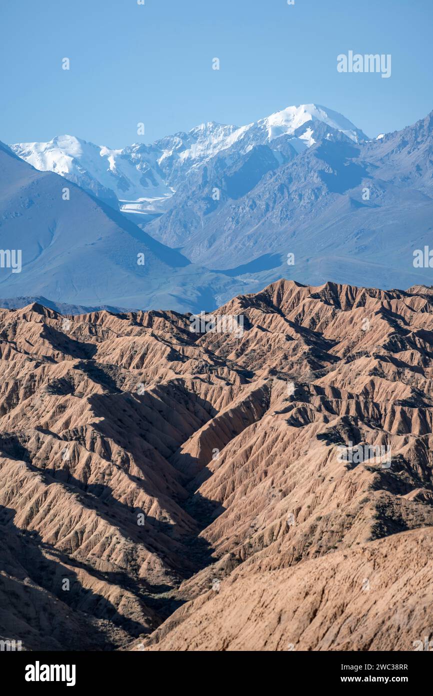 Canyons und erodierte hügelige Landschaft auf den Bergen des Tian Shan, Badlands, Tal der vergessenen Flüsse, in der Nähe von Bokonbayevo, Yssykkoel, Kirgisistan Stockfoto