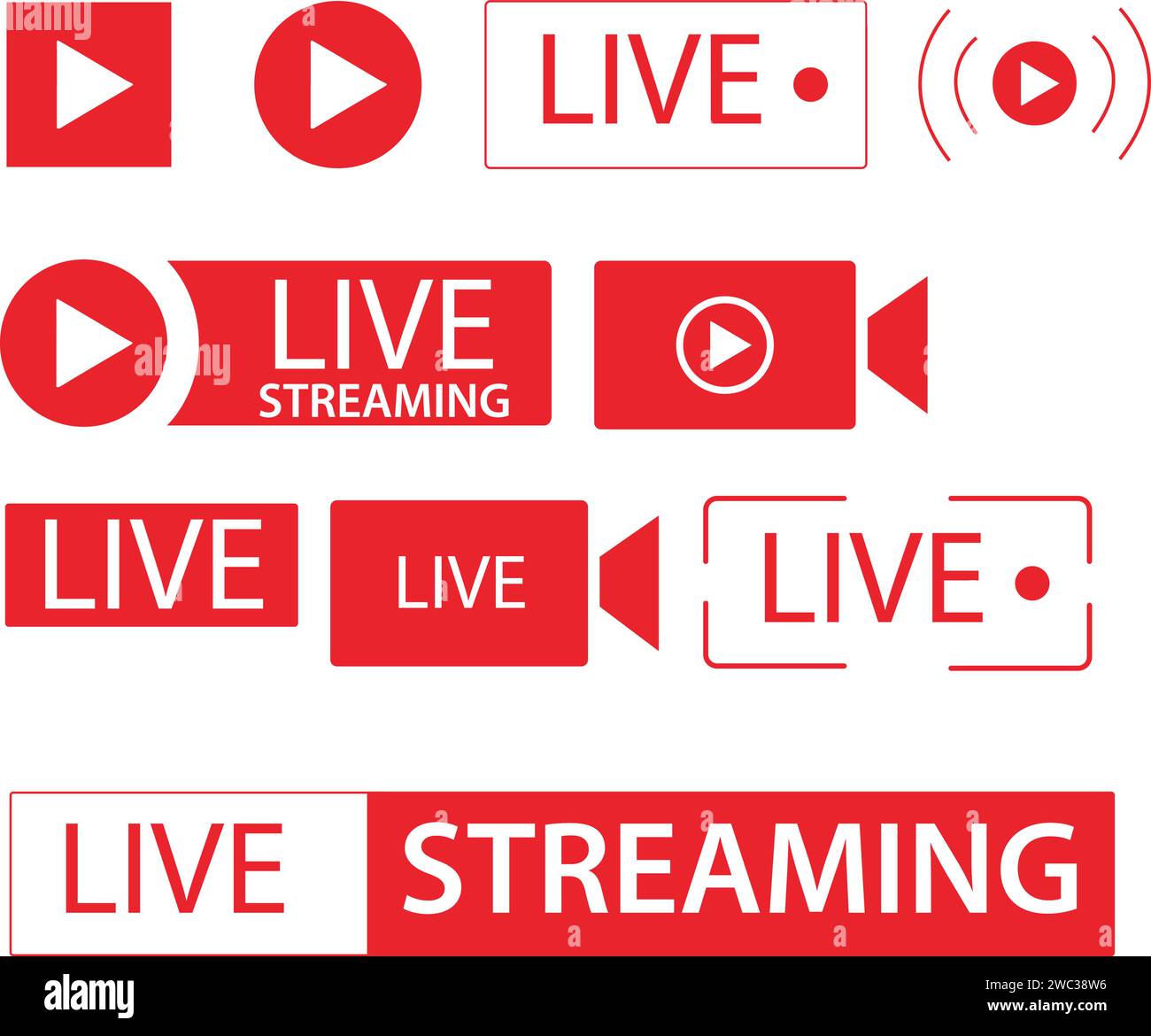 Set aus Symbolen für Live-Streaming, Schaltfläche für Live-Streaming, Übertragung, Schaltfläche für Online-Stream Stock Vektor