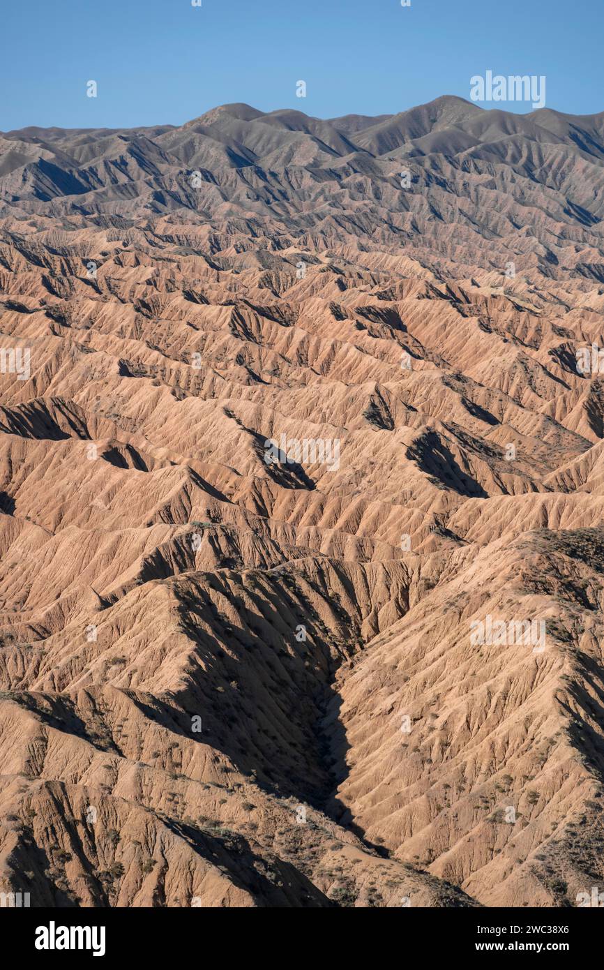 Canyons und erodierte Hügel, Badlands, Tal der vergessenen Flüsse, in der Nähe von Bokonbayevo, Yssykkoel, Kirgisistan Stockfoto