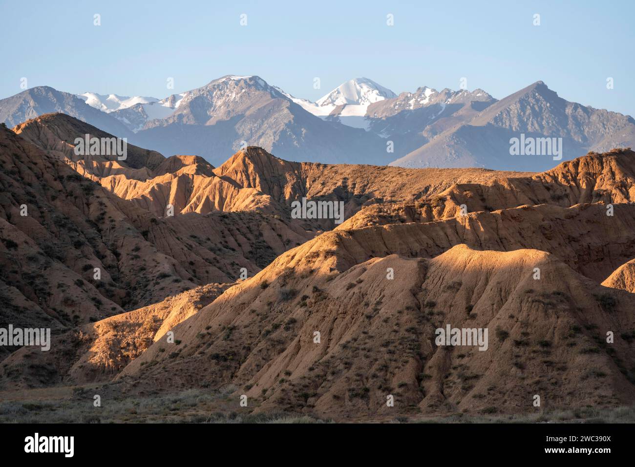 Sonnenaufgang über Canyons, Tian Shan Berge im Hintergrund, erodierte hügelige Landschaft, Badlands, Tal der vergessenen Flüsse, in der Nähe von Bokonbayevo Stockfoto