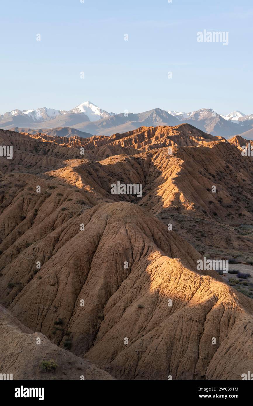 Sonnenaufgang über Canyons, Tian Shan Berge im Hintergrund, erodierte hügelige Landschaft, Badlands, Tal der vergessenen Flüsse, in der Nähe von Bokonbayevo Stockfoto