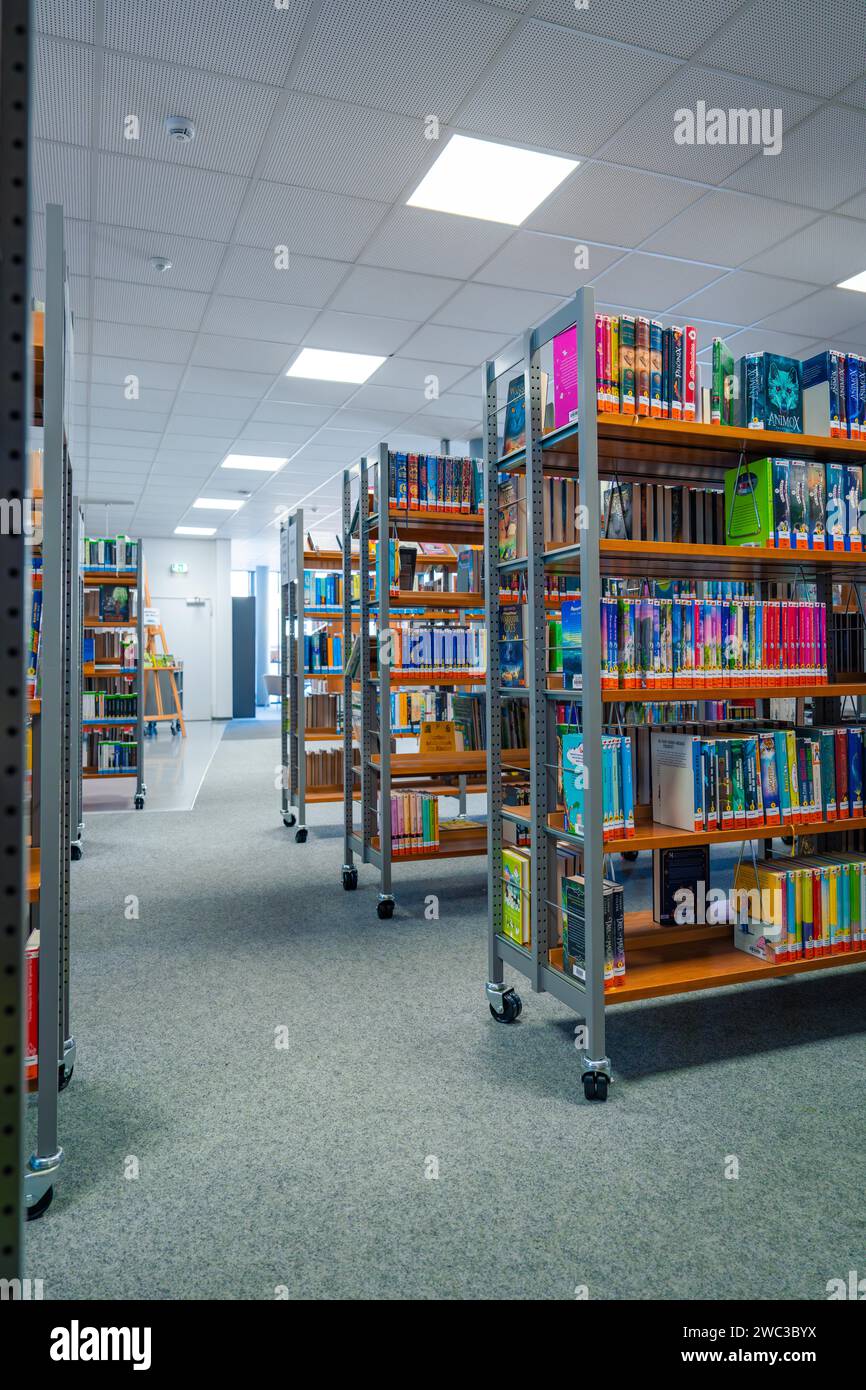 Geräumiger Flur in Bibliothek mit Bücherregalen und ruhiger Lernatmosphäre, Schwarzwald, Nagold, Deutschland Stockfoto