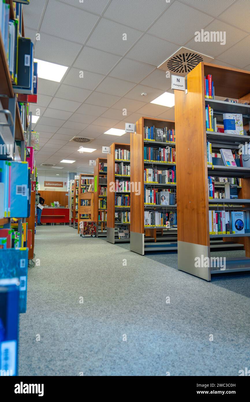 Lange Gänge zwischen Bücherregalen in einer Bibliothek mit Teppichboden und ruhiger Atmosphäre, Schwarzwald, Nagold, Deutschland Stockfoto