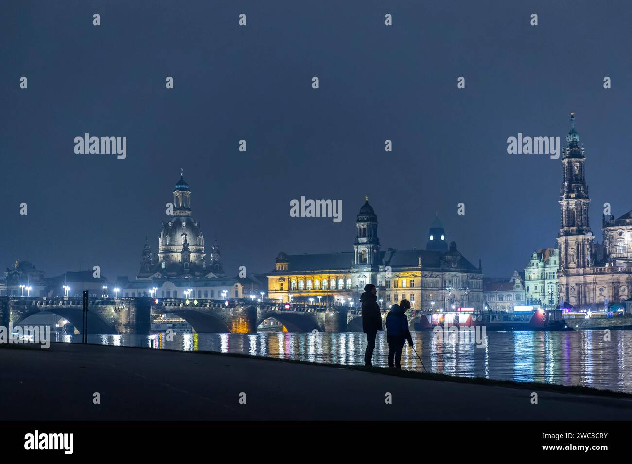 Beim ersten Hochwasser im Jahr 2024 ist der Gipfel überwunden und die Wasserstände fallen langsam wieder. Die Elbwiesen am Neustaeter Ufer sind noch vorhanden Stockfoto