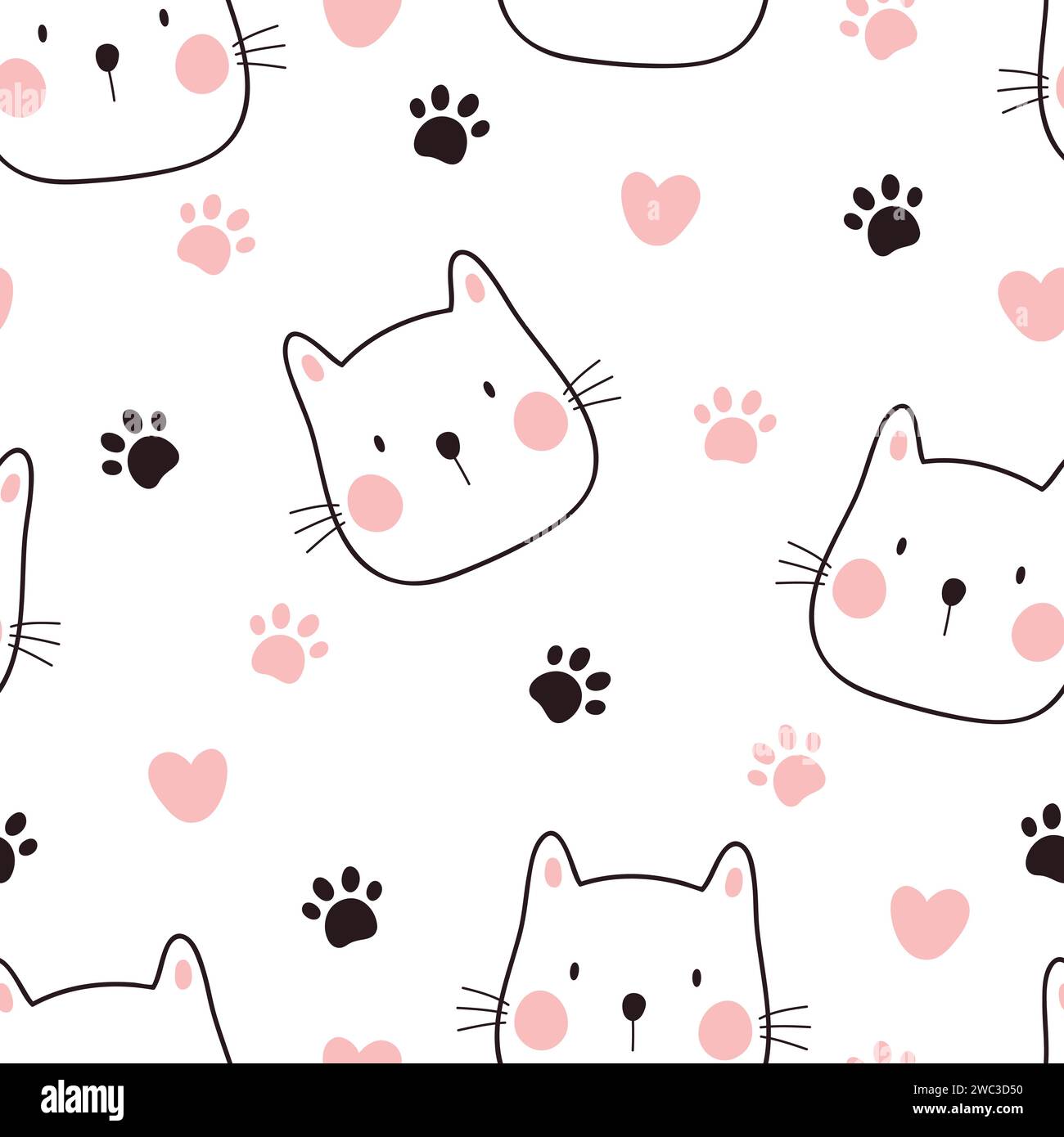 Nahtloses Muster mit niedlichen Katzen-, Pfotenmuster und Herzen. Vektorillustration auf rosa Hintergrund. Stock Vektor