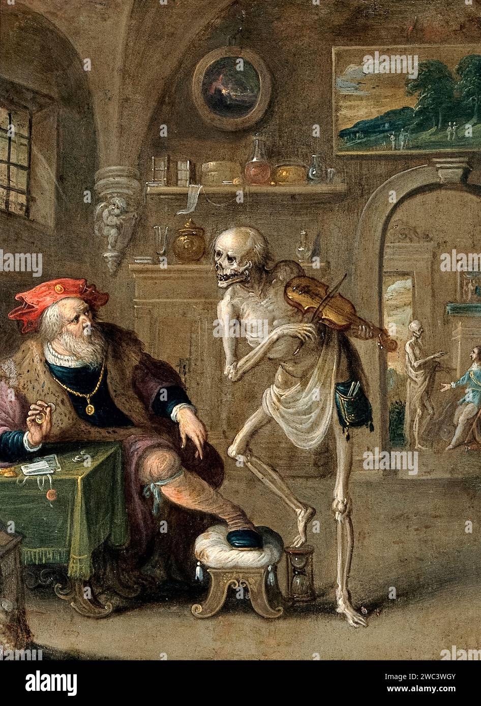 „Der Tod und die Miser“ des flämischen Malers Frans Francken dem Jüngeren (1581–1642), der einen Geiz zeigt, den der Tod in seinen letzten Momenten besucht hat, während er sein Geld zählt. Öl auf Kupfer. Stockfoto