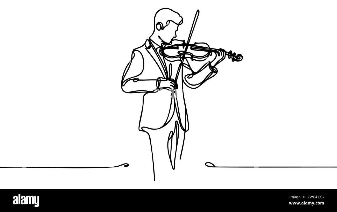 Durchgehende einzeilige Zeichnung eines Mannes, der Geige spielt, in Silhouette auf weißem Hintergrund. Linear formatiert. Stock Vektor