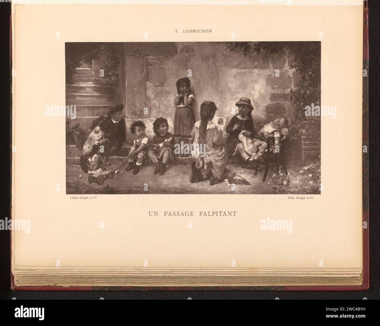Fotoproduktion des Gemäldes "UN Passage Palpitant" von Timoléon Lobrichon, Goupil & Cie. Nach Timoléon Marie Lobrichon, um 1877 - in oder vor 1882 photomechanischen Druckpapier, das jemandem vorgelesen wird. Spiele und Spiele für Kinder Stockfoto