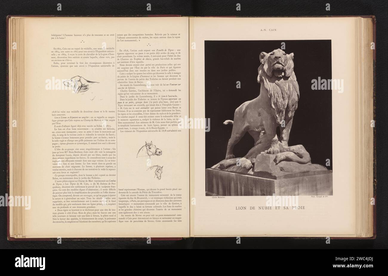 Skulptur „Lion de Nubie et Sa Proie“ von Auguste Cain, Charles Michelez, nach Auguste Nicholas Cain, um 1878 - in oder vor 1883 photomechanischen Druckpapieren Raubtiere, Raubtiere: Löwe Stockfoto