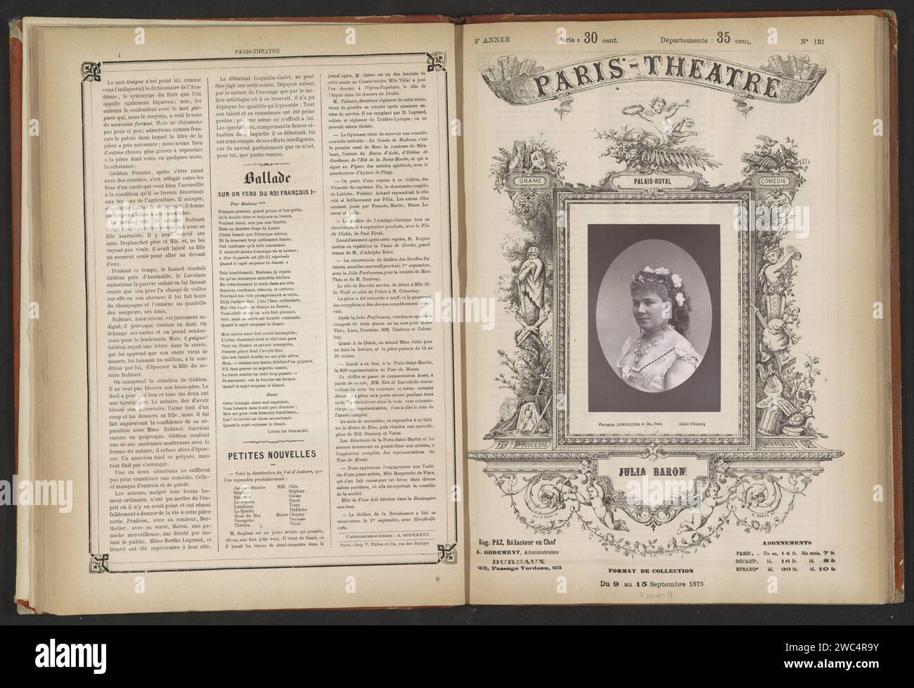 Portret van Julia Baron, Francois Marie Louis Franck, ca. 1870 - vor 1875 fotomechanischer Druck Franceprint Maker: FranceAfter Zeichnung von: Franceprinter: Paris Papierporträt des Schauspielers, Schauspielerin Stockfoto