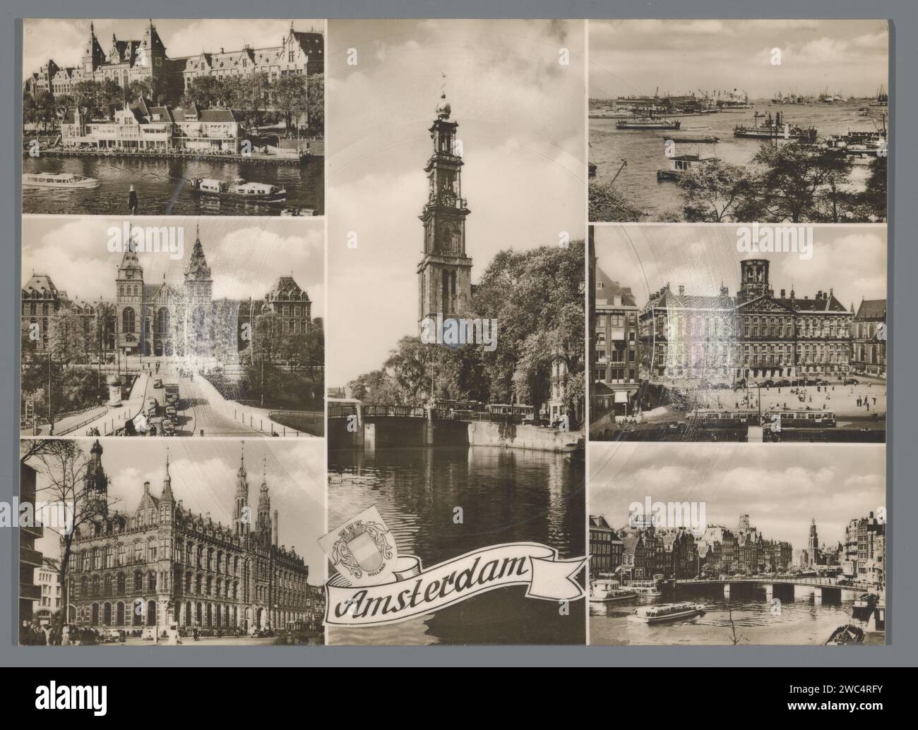 Fono-Karte: Postkarte mit sieben Fotos aus Amsterdam, mit Rillen für eine Grammophonplatte, anonym, ca. 1950 - ca. 1970 Foto Amsterdammaker: Gröbenzell Karton. baryta Papier Gelatine Silber Druck / Buchdruck Gebäude, z. B.: Öffentliches Gebäude, Kaufhaus. Kanäle, Gewässer (in der Stadt). Stadtblick im Allgemeinen; „Veduta“. Grammophon-Aufnahme, Disc, CD Rijksmuseum Amsterdam. Hauptbahnhof Amsterdam. Hauptpostamt (1895-1988). Westertoren. Hafen von Amsterdam. Königspalast Amsterdam. Amstel (Fluss) Stockfoto