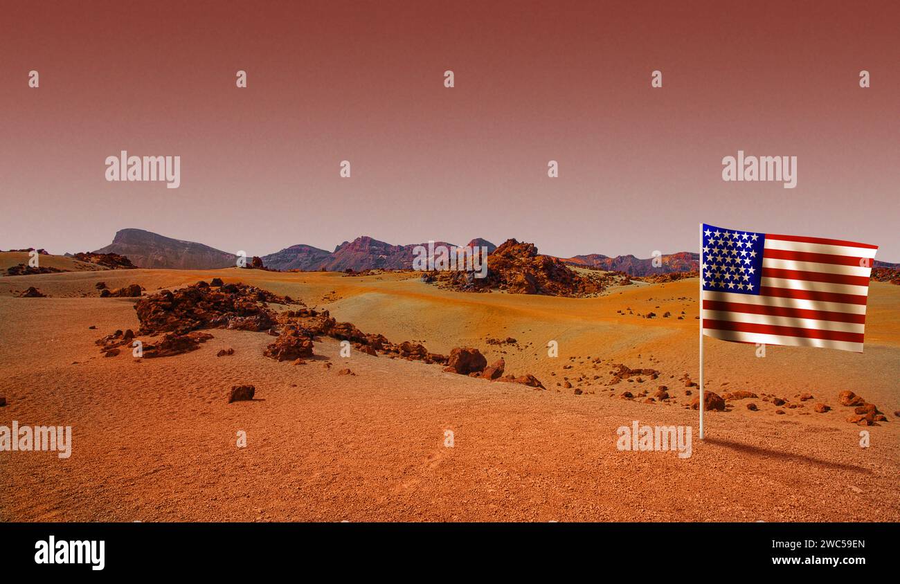 Amerikanisches Raumfahrtprogramm. Rote Planetenlandschaft mit US-Flagge Stockfoto