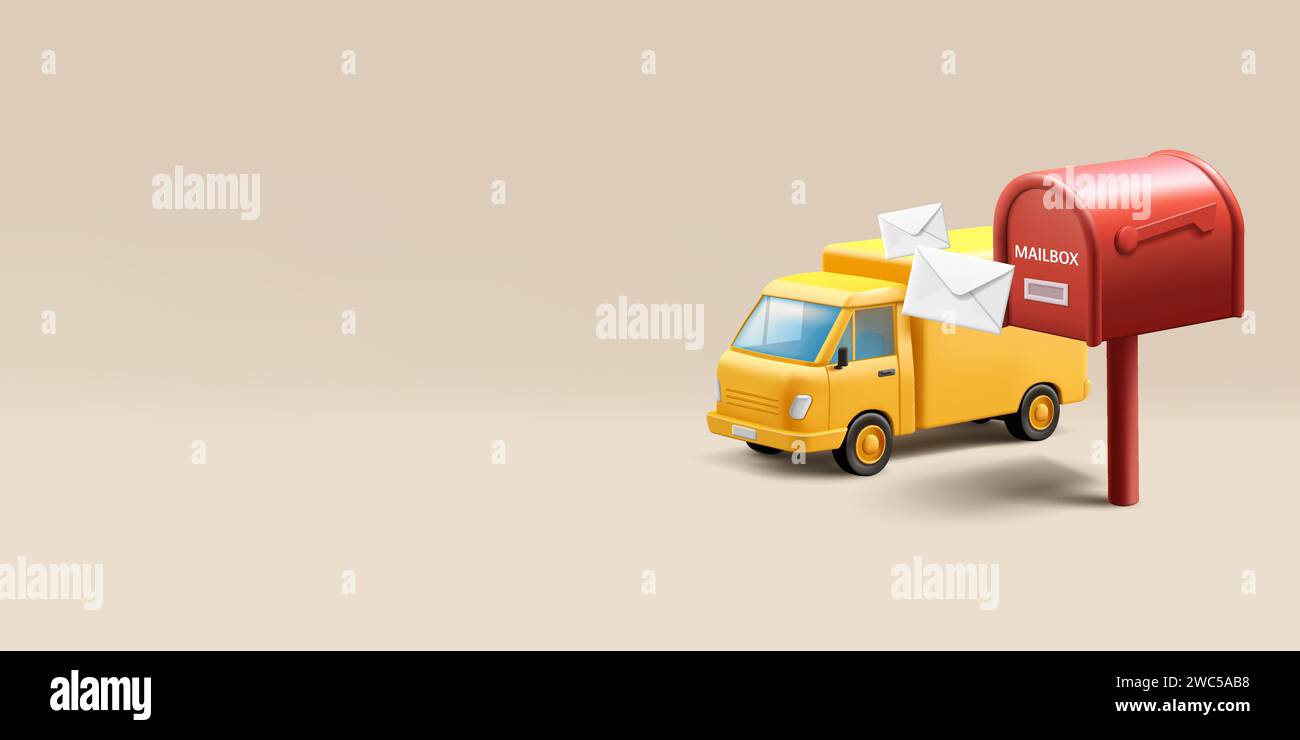 Rote Vintage-Briefkästen mit Briefumschlägen, gelbes Lkw-Fahrzeug nach der Lieferung, 3D-Renderkomposition im Cartoon-Stil Stock Vektor