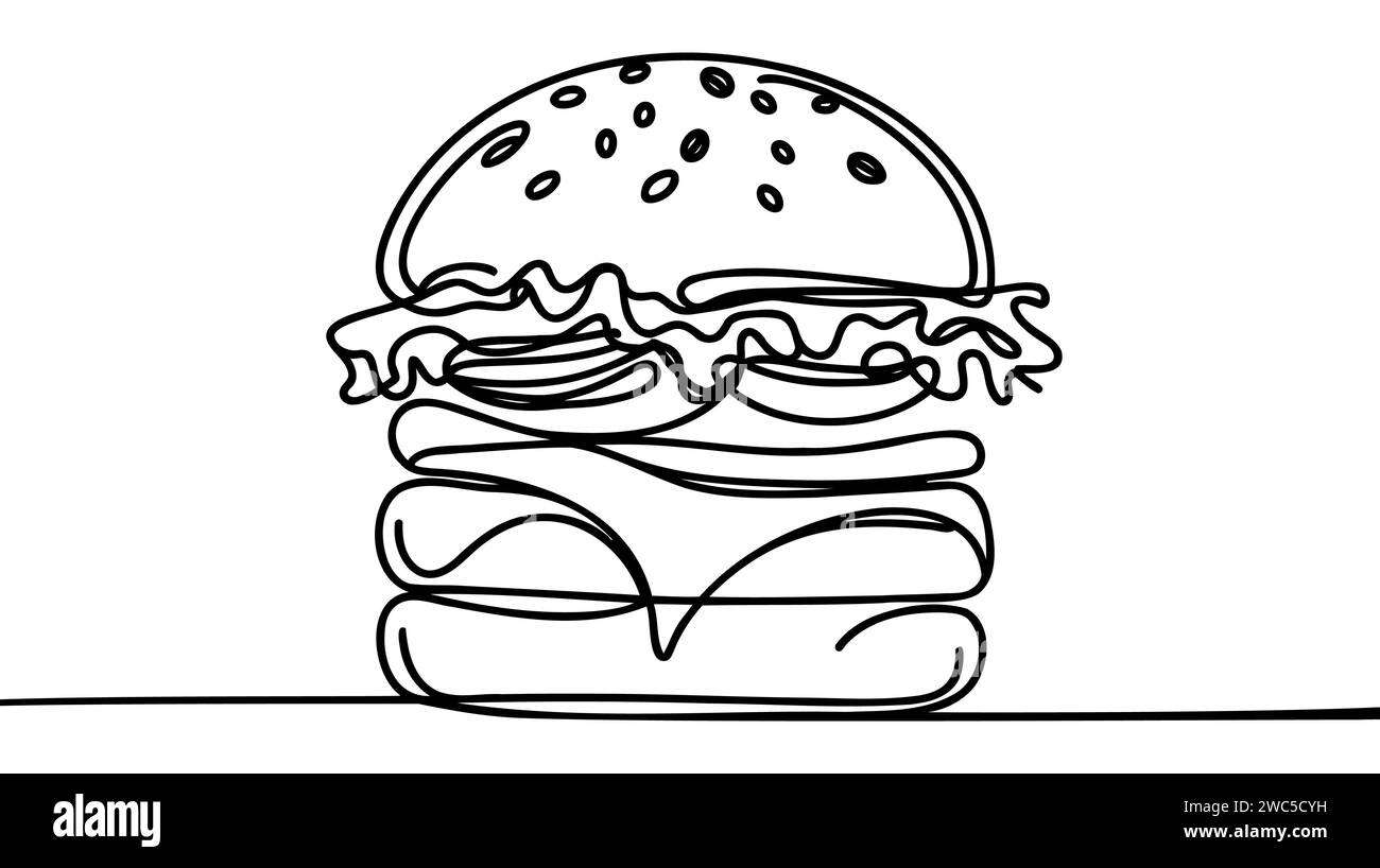 Einzeiliges durchgehendes Cheeseburger-Symbolkonzept. Silhouette von Fast-Food-Burgern mit Käsesalatbrötchen. Digitale weiße einzeilige Skizze dr Stock Vektor