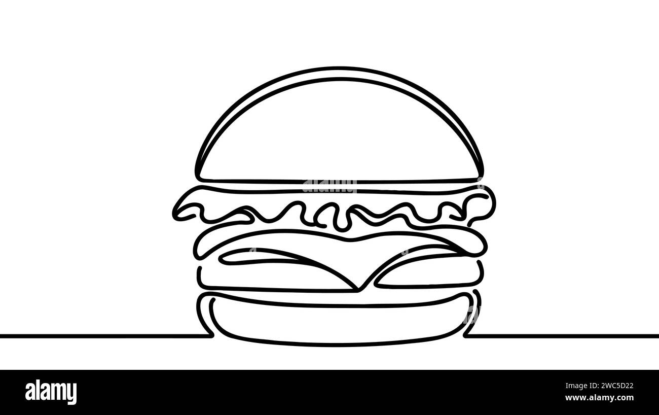 Einzeiliges durchgehendes Cheeseburger-Symbolkonzept. Silhouette von Fast-Food-Burgern mit Käsesalatbrötchen. Digitale weiße einzeilige Skizze dr Stock Vektor