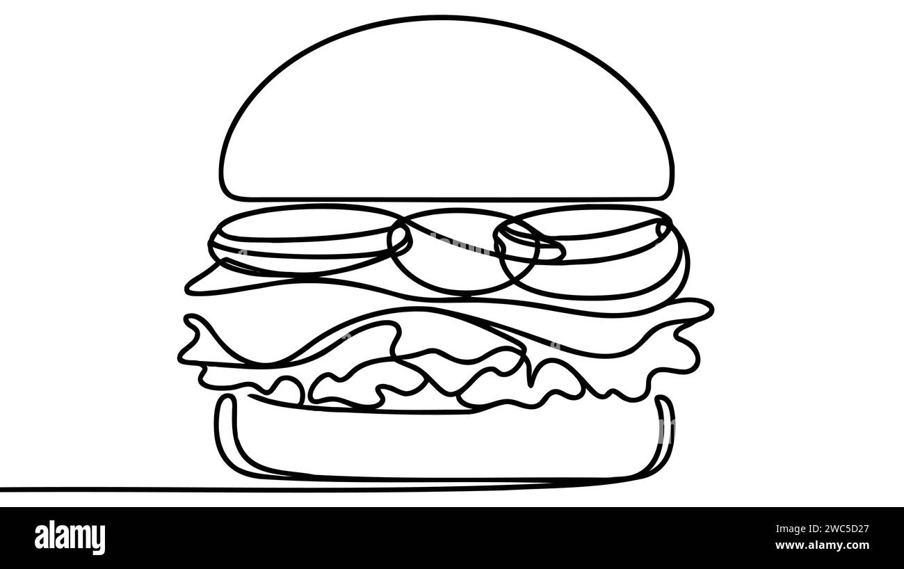 Einzeiliges durchgehendes Cheeseburger-Symbolkonzept. Silhouette von Fast-Food-Burgern mit Käsesalatbrötchen. Digitale weiße einzeilige Skizze dr Stock Vektor