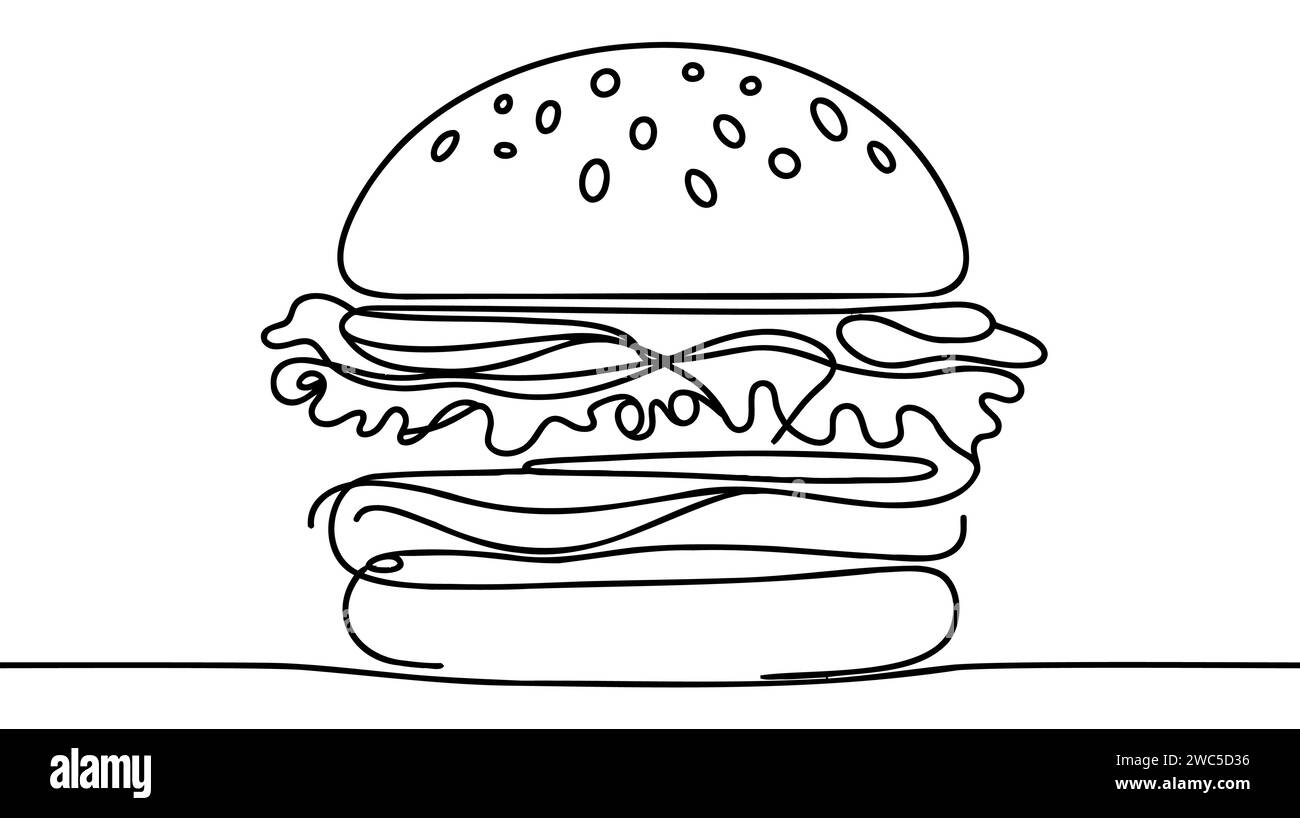 Einzeiliges durchgehendes Cheeseburger-Symbolkonzept. Silhouette von Fast-Food-Burgern mit Käsesalatbrötchen. Digitale weiße einzeilige Skizze dr Stock Vektor