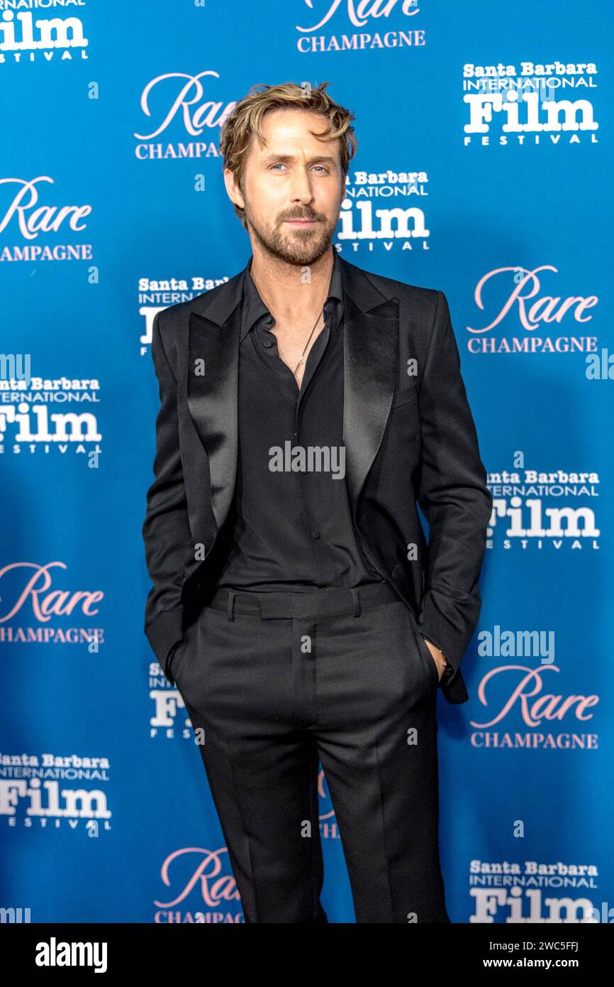 Schauspieler Ryan Gosling kommt am 13. Januar auf das Santa Barbara International Film Festival, um den 16. Jährlichen Kirk Douglas Award for Excellence in Film im Ritz-Carlton Bacara, Santa Barbara, CA, zu erhalten. 2024. (Foto: Rod Rolle/SIPA USA) Stockfoto