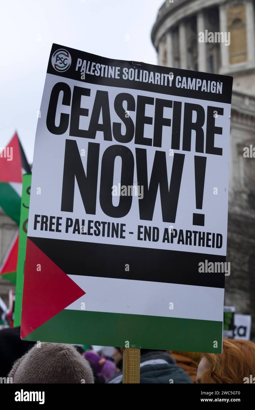 London, Vereinigtes Königreich - 13. Januar 2024 - in der Nähe der St. Pauls Cathedral demonstrieren Tausende von Menschen in London, die im israelisch-palästinensischen Krieg einen Waffenstillstand in Gaza ausrufen. Der marsch wurde von der Palästinensischen Solidaritätskampagne organisiert. Stockfoto