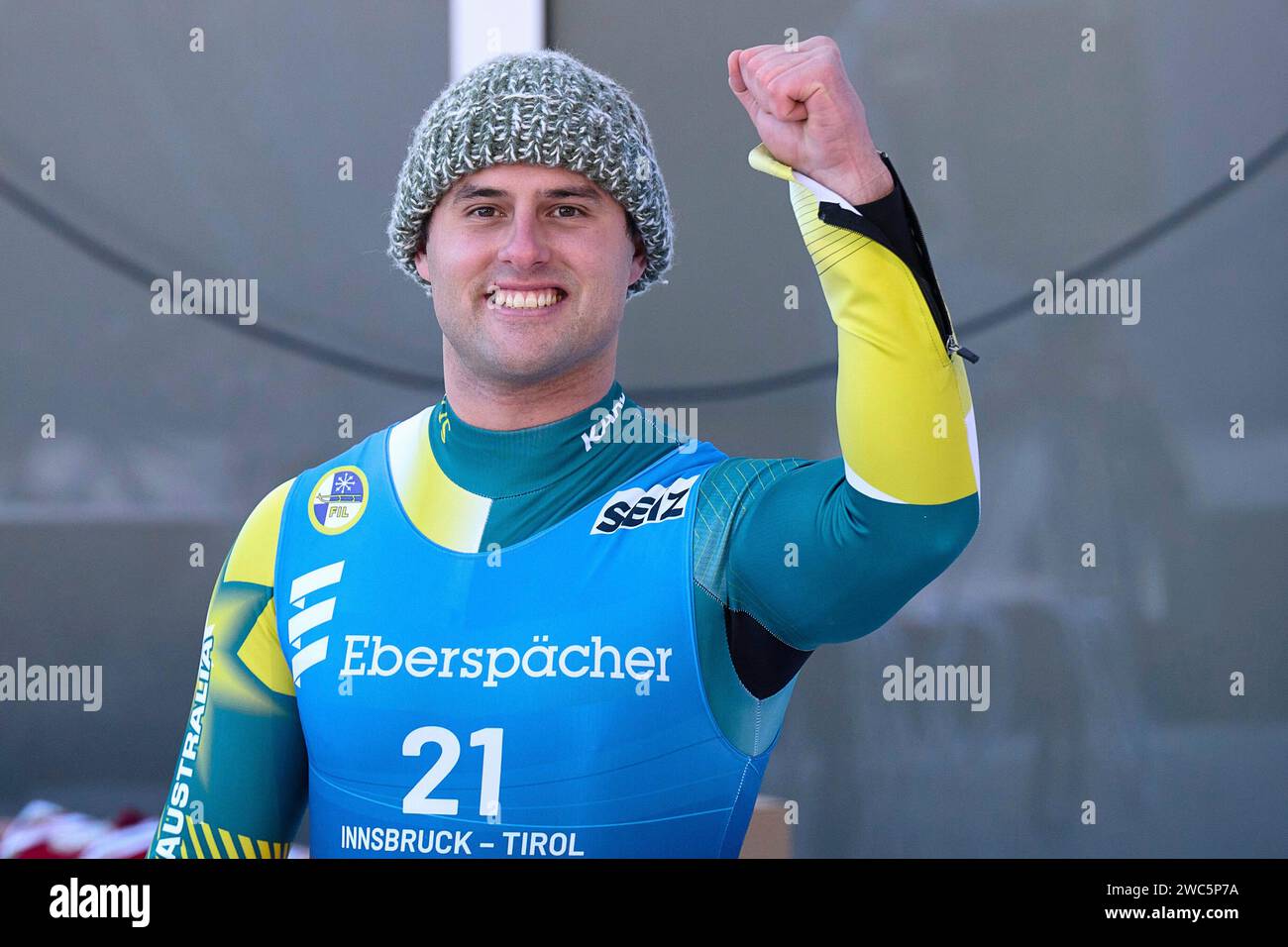 Innsbruck, Österreich 13.- 14. Januar 2024: Eberspächer Rennrodel Weltcup - 2023/2024 - 14.01.2024 im Bild: Alexander Michael Ferlazzo (aus) Ballt die Faust Stockfoto