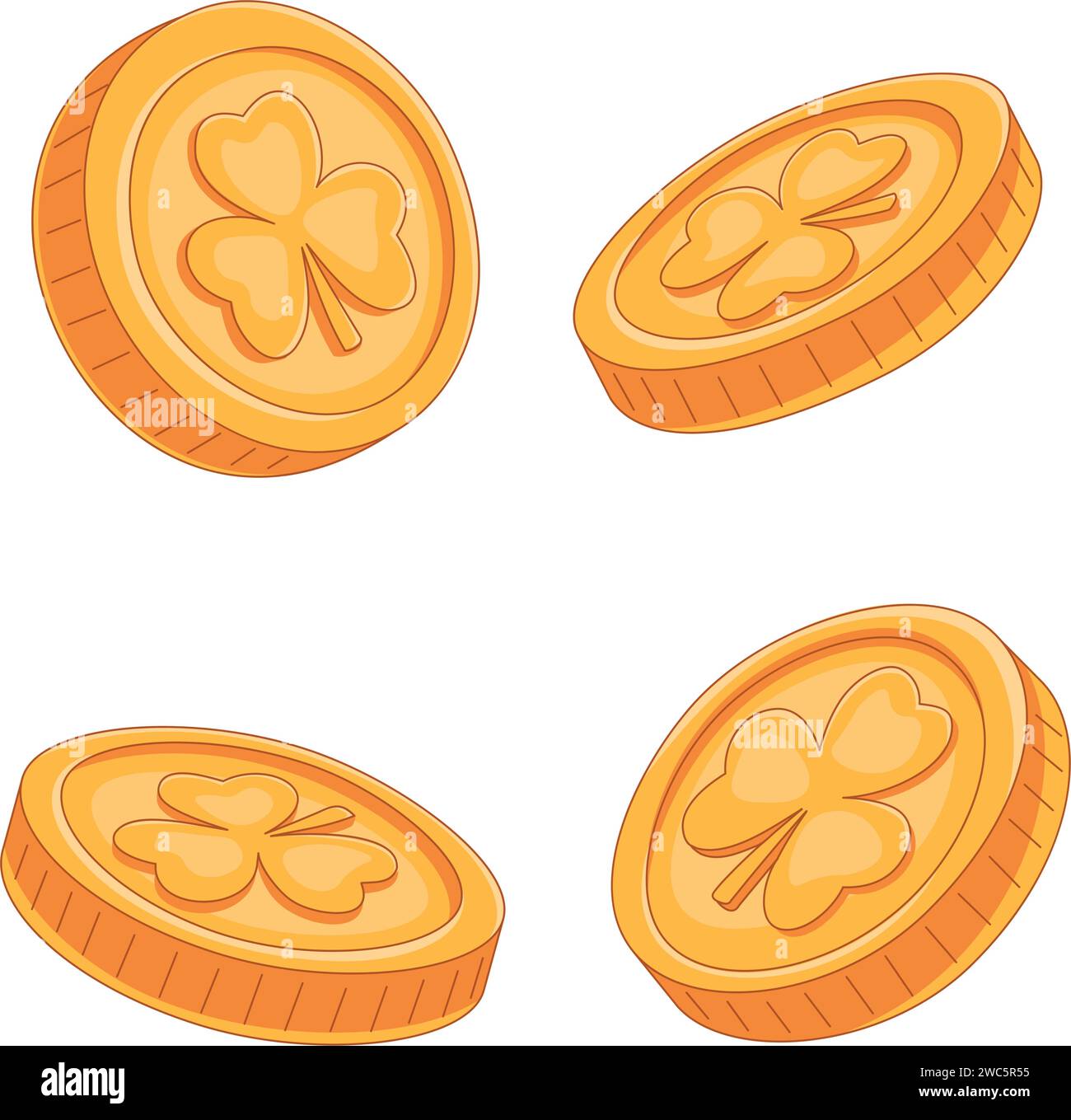 Sammlung mit goldenen Münzen mit Blattklee. St. Patricks-Tagessymbol. Vektorabbildung Stock Vektor