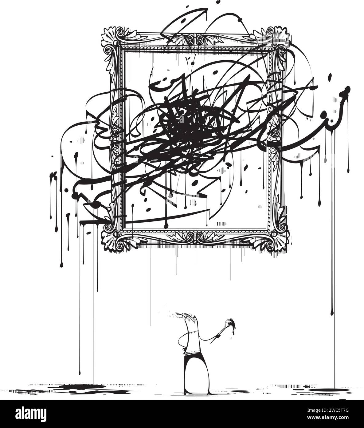 Künstler, der sein abstraktes Gemälde bewundert Stock Vektor