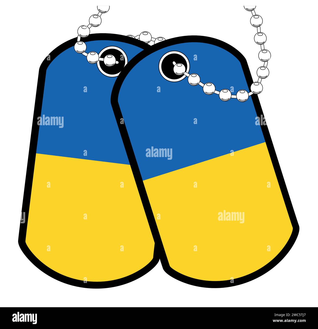 Ein Paar ukrainischer Militärhundetiketten mit Kette auf weißem Hintergrund, die die ukrainische gelbe und blaue Nationalflagge zeigen Stock Vektor