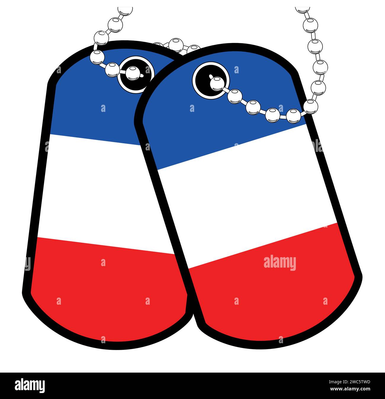 Zwei französische Militärhundetiketten mit Kette auf weißem Hintergrund, die die französische Nationalflagge zeigen Stock Vektor