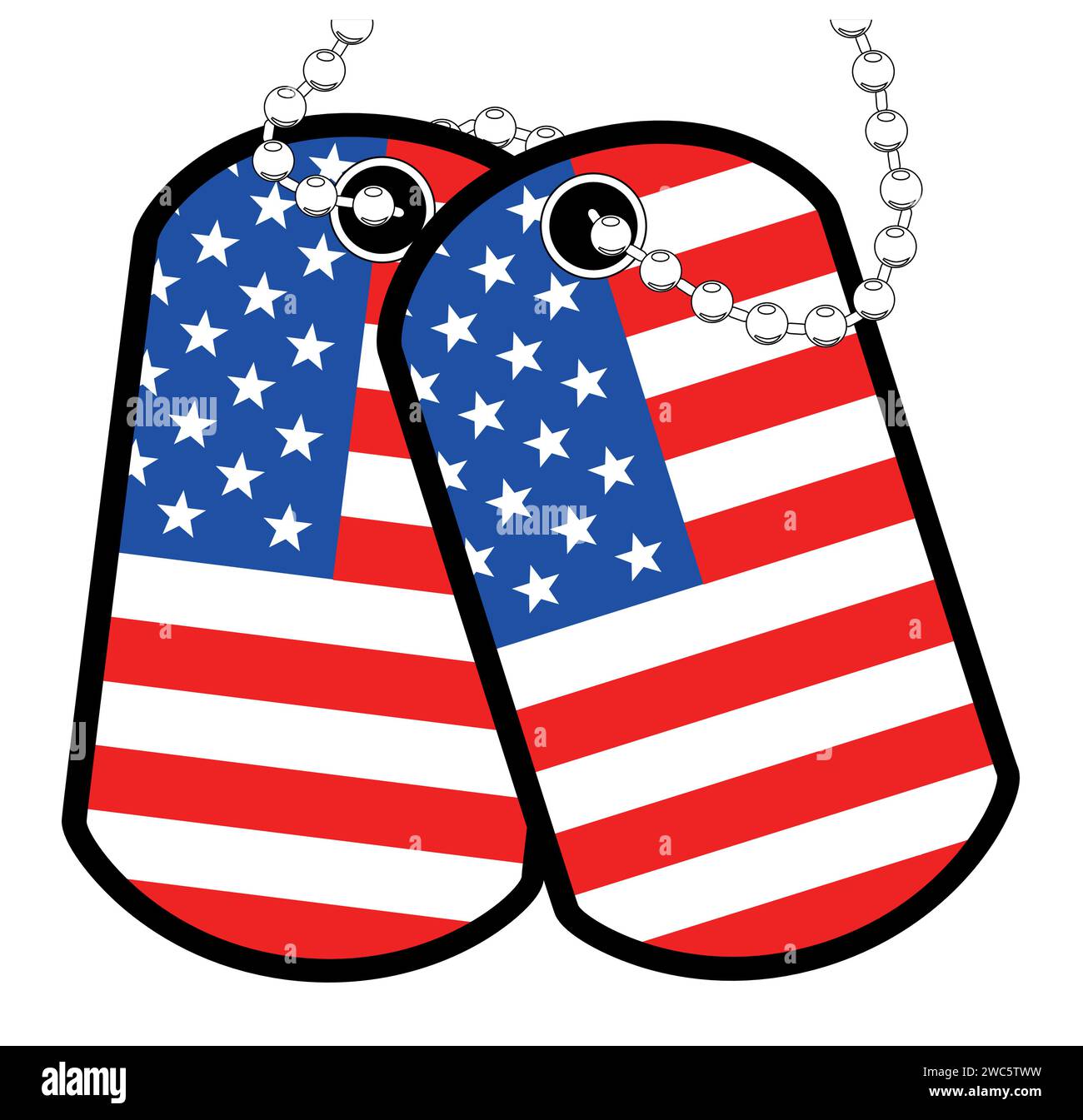 Ein Paar Militärhundetiketten mit Kette auf weißem Hintergrund, die die Nationalflagge der USA Stars and Stripes zeigen Stock Vektor