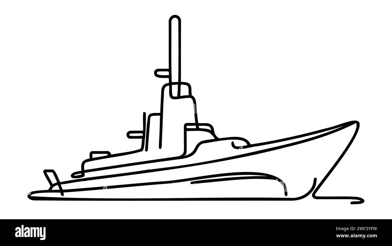 Durchgehende eine Linie von Kriegsschiffen handgezeichnete Vektorillustration auf weißem Hintergrund. Stock Vektor