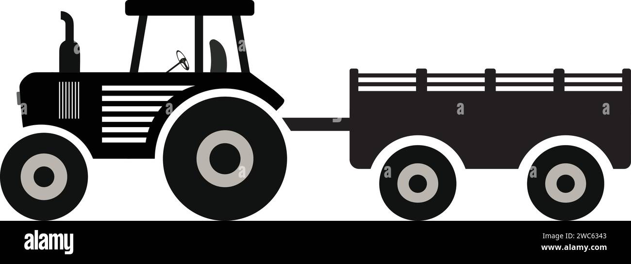 Traktorsymbol mit Trolley Schwarz-weiß-Vektor, Fahrzeug für Landwirtschaft, Landwirtschaftsfahrzeug, Warenträger Stock Vektor