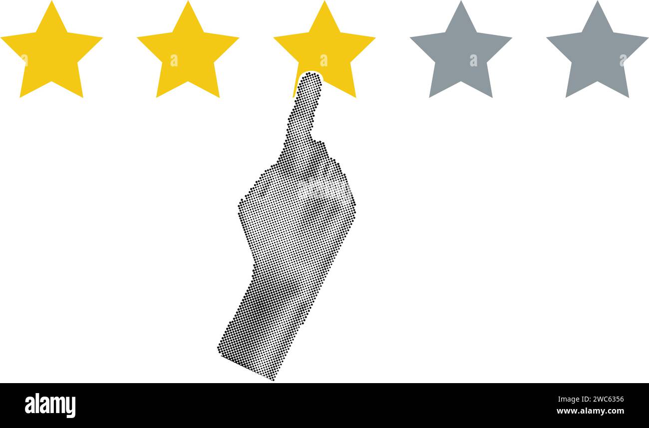 Halbtonhand zeigt, Fingerdruck auf 3 Sterne. Feedback, Reputation und Qualitätskonzept. Vektorabbildung Stock Vektor