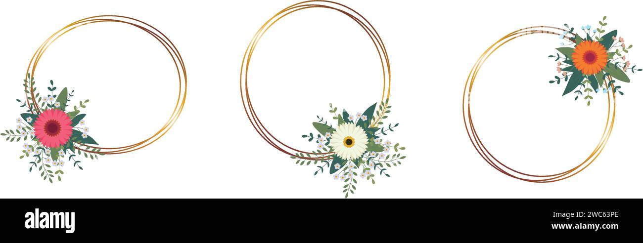 Set aus goldenem Kreisrahmen mit Anordnung. Perfekt für Hochzeitseinladungskarten, luxuriöse Vorlagen. Vektorabbildung. Stock Vektor