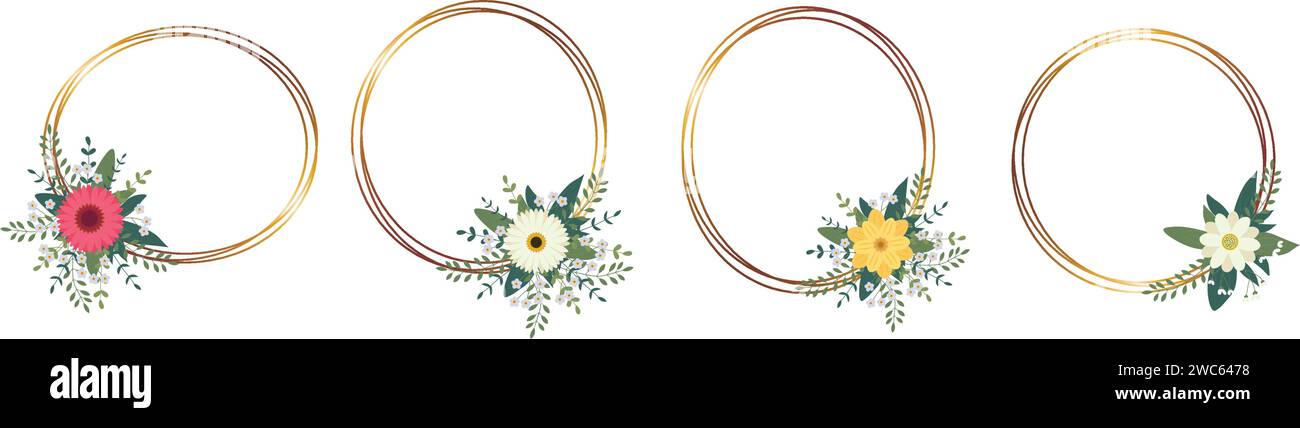 Set aus goldenem Kreisrahmen mit Anordnung. Perfekt für Hochzeitseinladungskarten, luxuriöse Vorlagen. Vektorabbildung. Stock Vektor