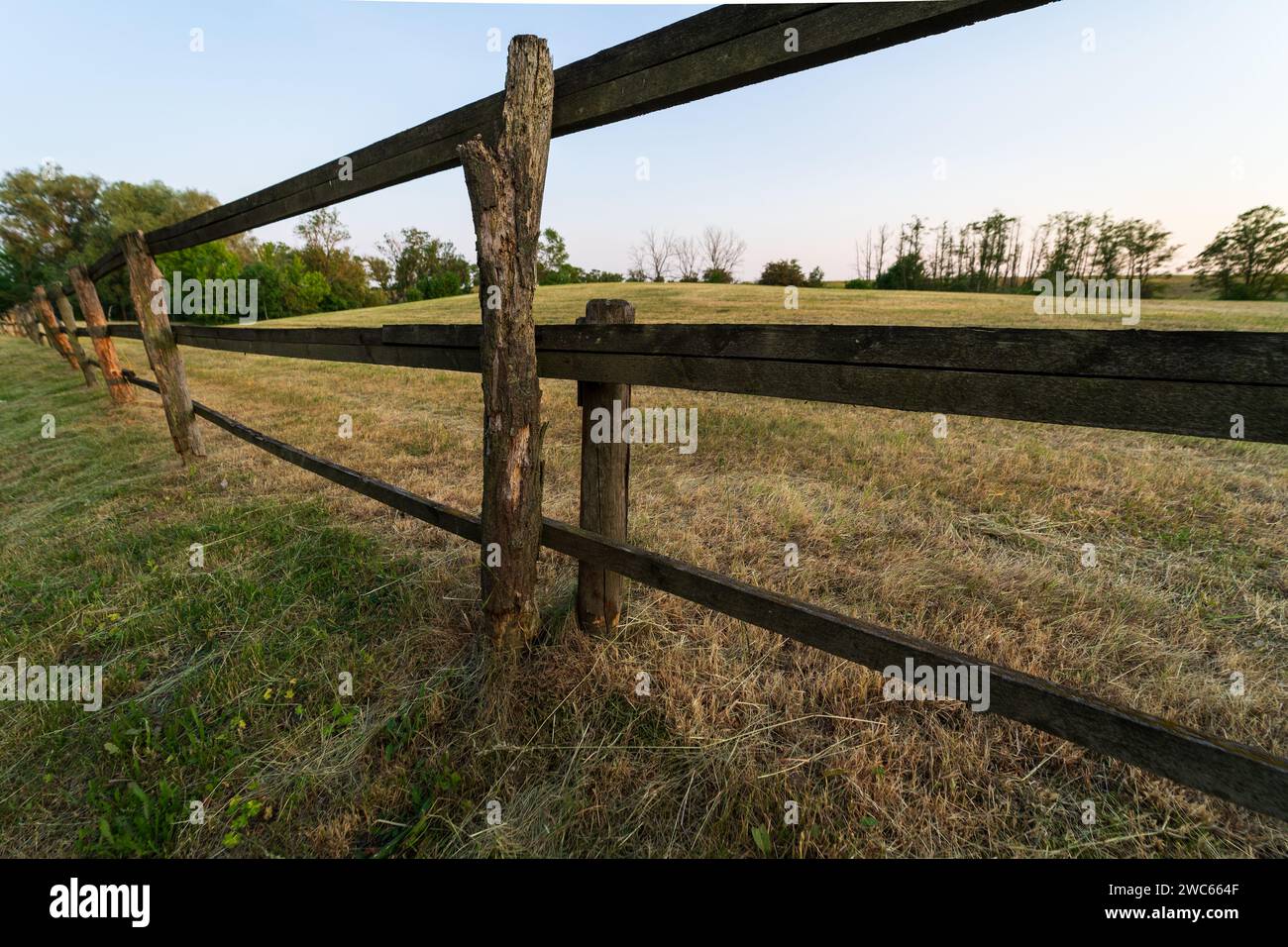 Ein alter hölzerner Zaunzaun für Weidetiere auf dem Feld. Stockfoto