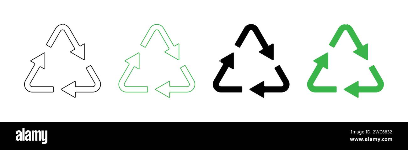 Dreieckige Recycling-Symbole in Grün und Schwarz mit Umrandung und Füllung. Symbolsatz für Recycling. Stock Vektor