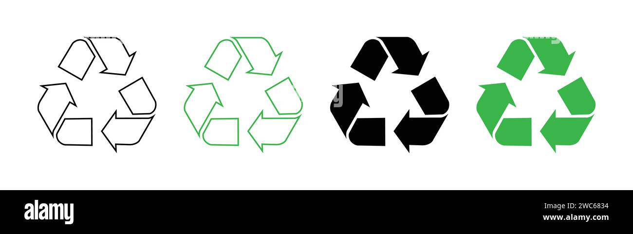 Recycling-Symbole in grün und schwarz mit Umrandung und Füllung. Symbole für das Recycling von Mobius-Streifen Stock Vektor