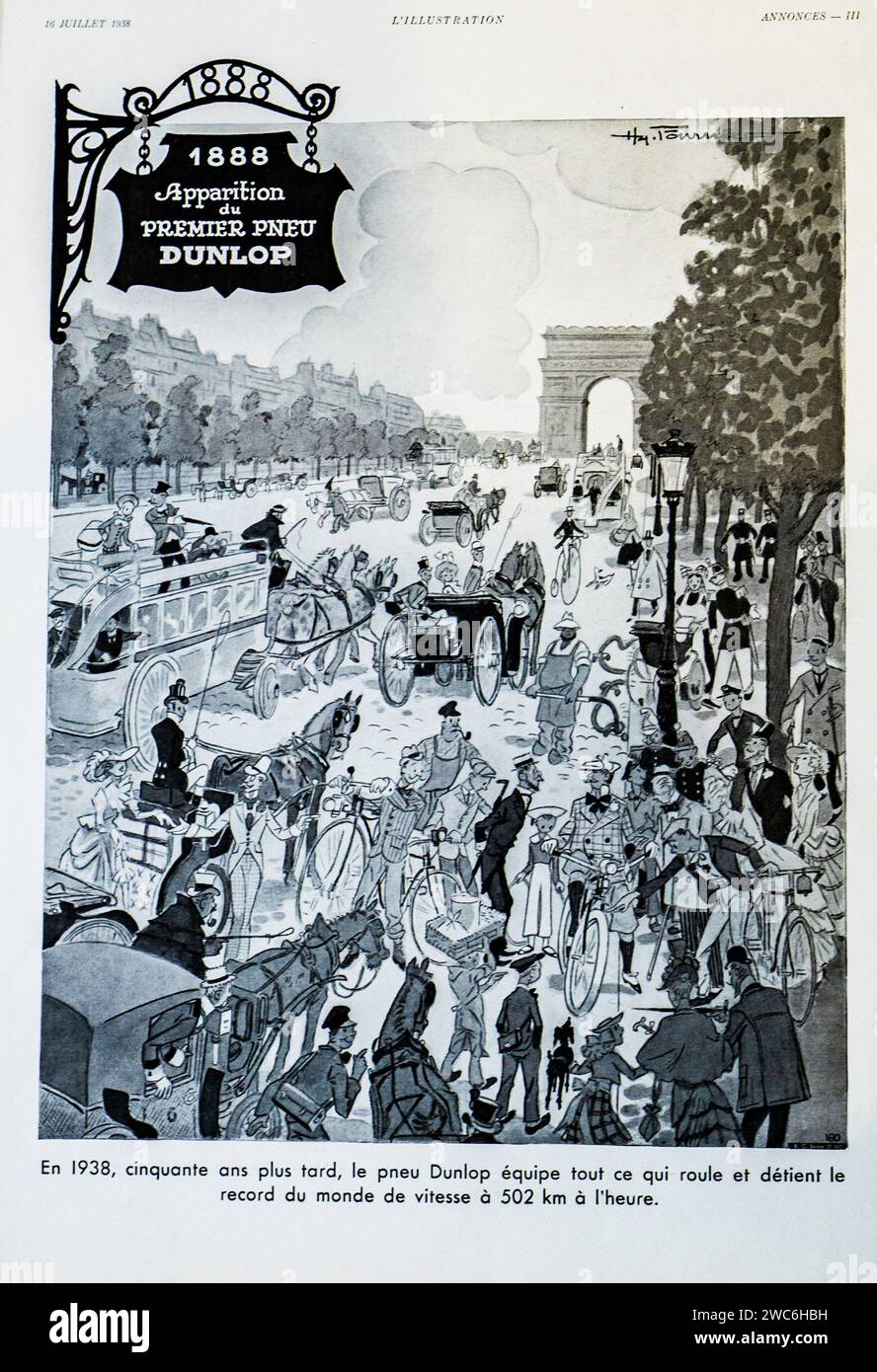 Eine aufwändige Illustration aus dem 19. Jahrhundert fängt den historischen Moment des Debüts des Dunlops-Luftreifen in der lebhaften Durchgangsstraße von Paris in der Nähe des Triumphbogens ein und zeigt verschiedene Verkehrsmittel. Stockfoto