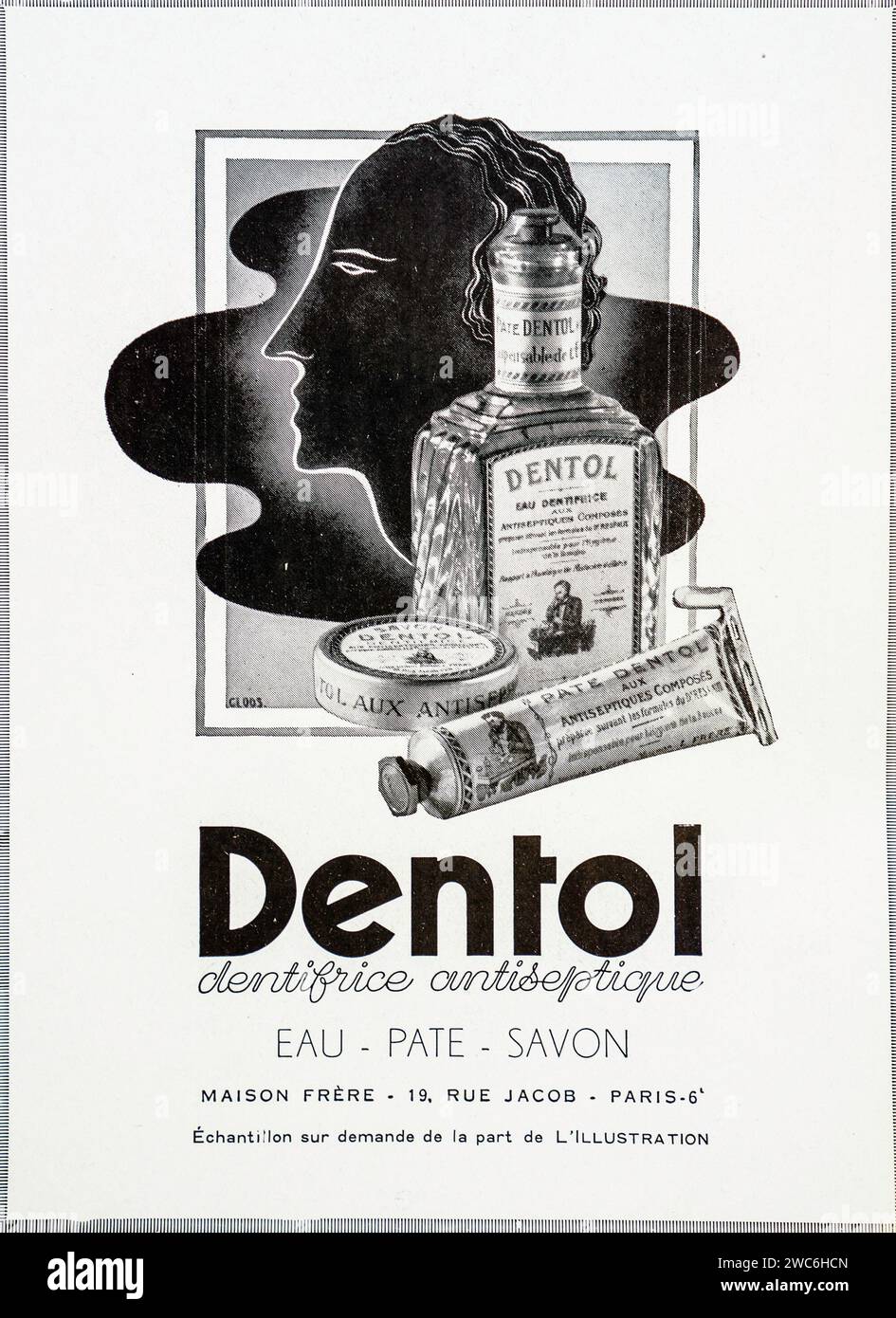 Diese historische Werbung aus dem Jahr 1938 präsentiert Dentol Zahnpasta zusammen mit einem ausgeprägten Silhouettenprofil und hebt ihre antiseptischen Eigenschaften hervor. Stockfoto