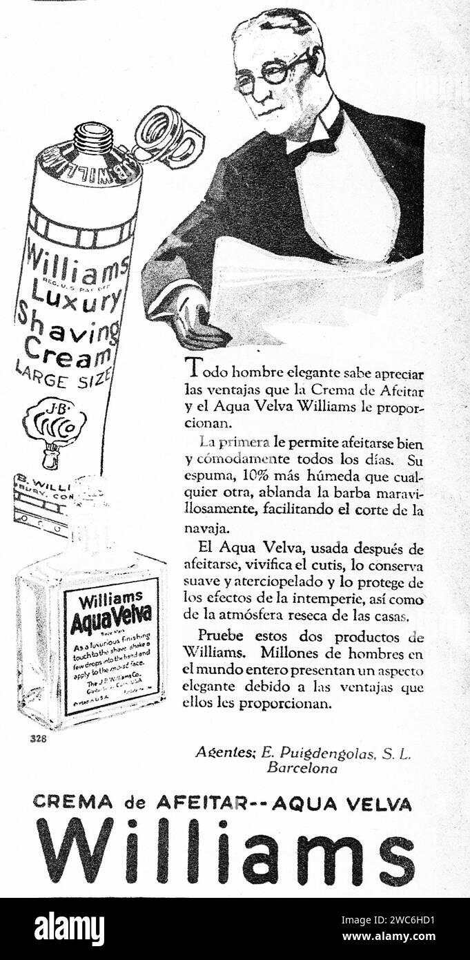 Eine alte Schwarzweiß-Werbung von 1930 in spanischer Sprache zeigt einen Mann beim Rasieren, während er Williams Shaving Cream und Aqua Velva Aftershave wirbt und deren Qualität und Vorteile hervorhebt. Stockfoto