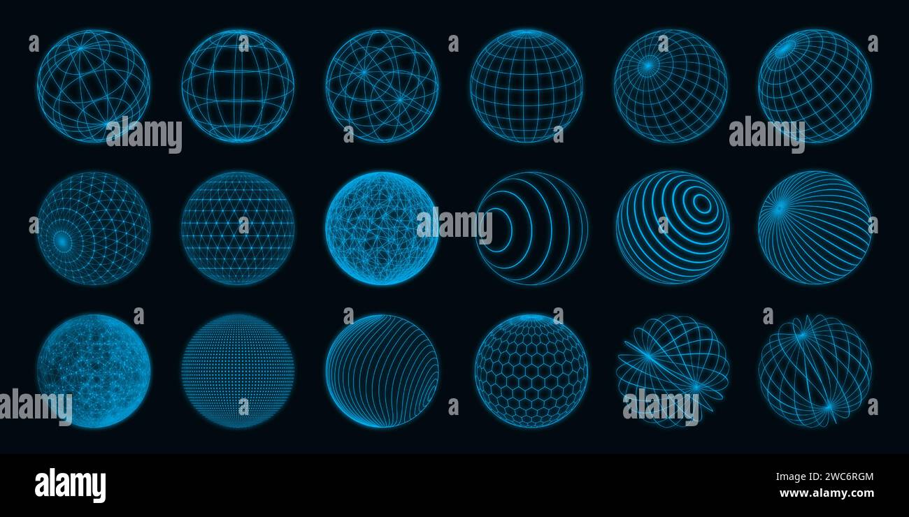 Abstrakte Formen. 3D-Linienraster entwerfen Kugeln mit Punktpartikeln. Technologie Kugelfigur Elemente. Neonblau. Konzentrische Kreise. Planetenkorb. Geometrisches Symbol. Breitengrad-Streifen. Vektorrundformen festgelegt Stock Vektor