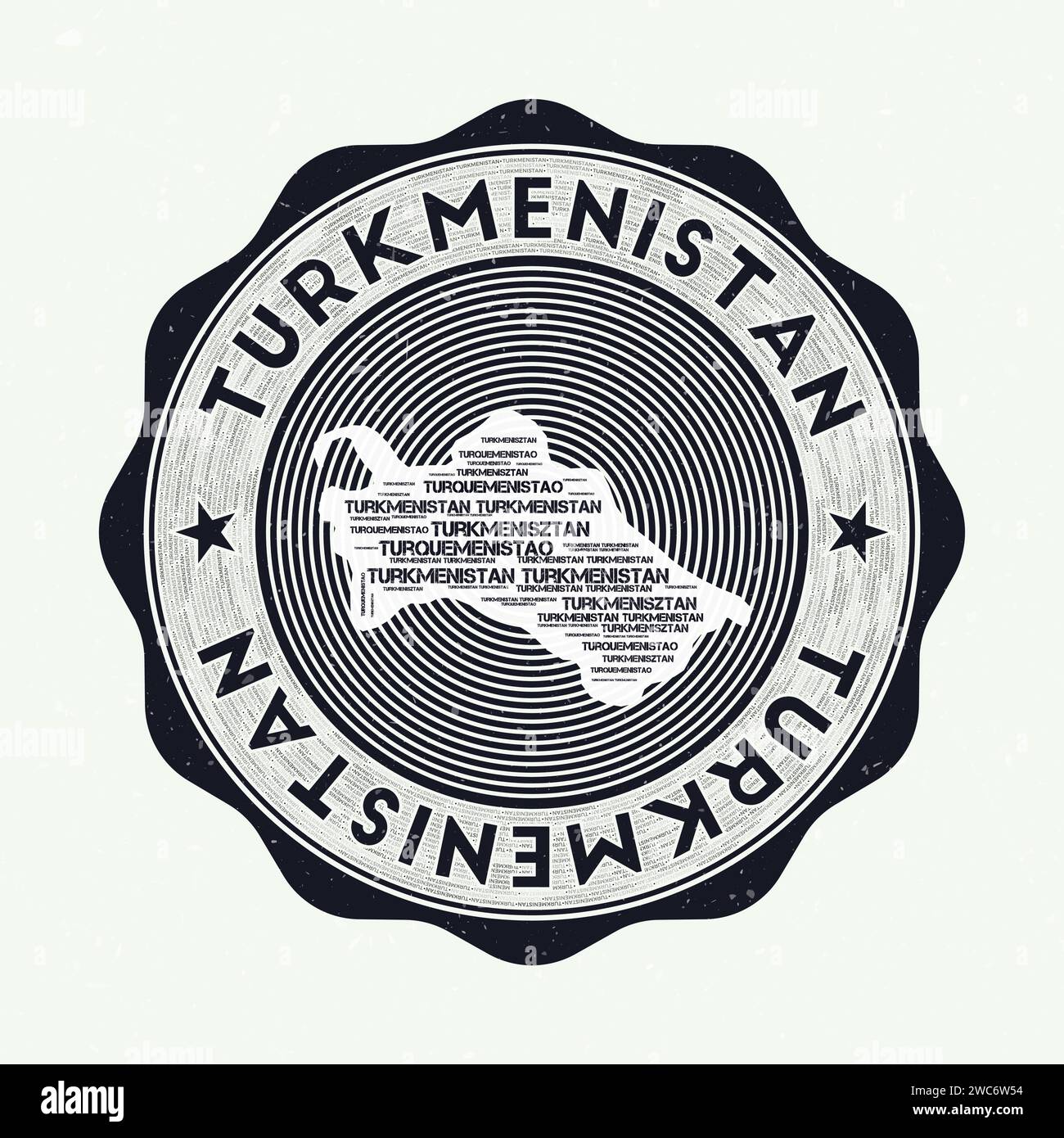 Turkmenistan Siegel. Country Round Logo mit Form von Turkmenistan und Ländername in mehrsprachigen Word Cloud. Fantastisches Emblem. Stock Vektor