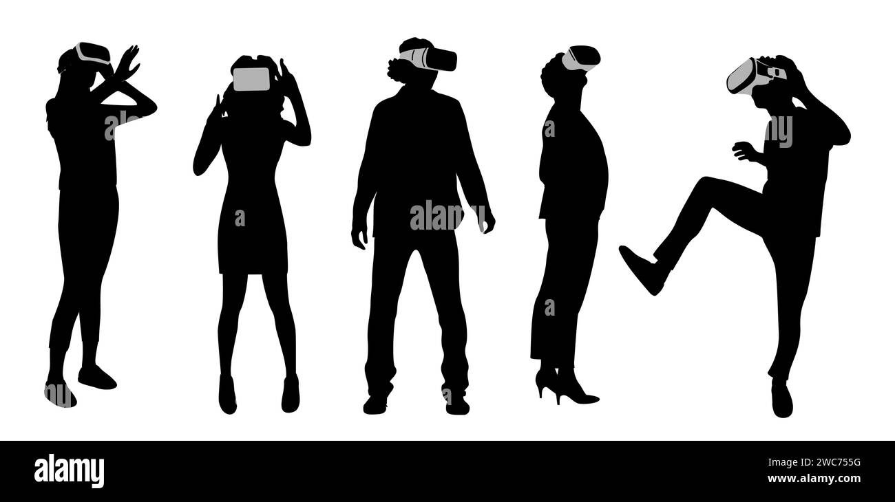 Silhouetten von Personen in Virtual-Reality-Headsets. Stock Vektor