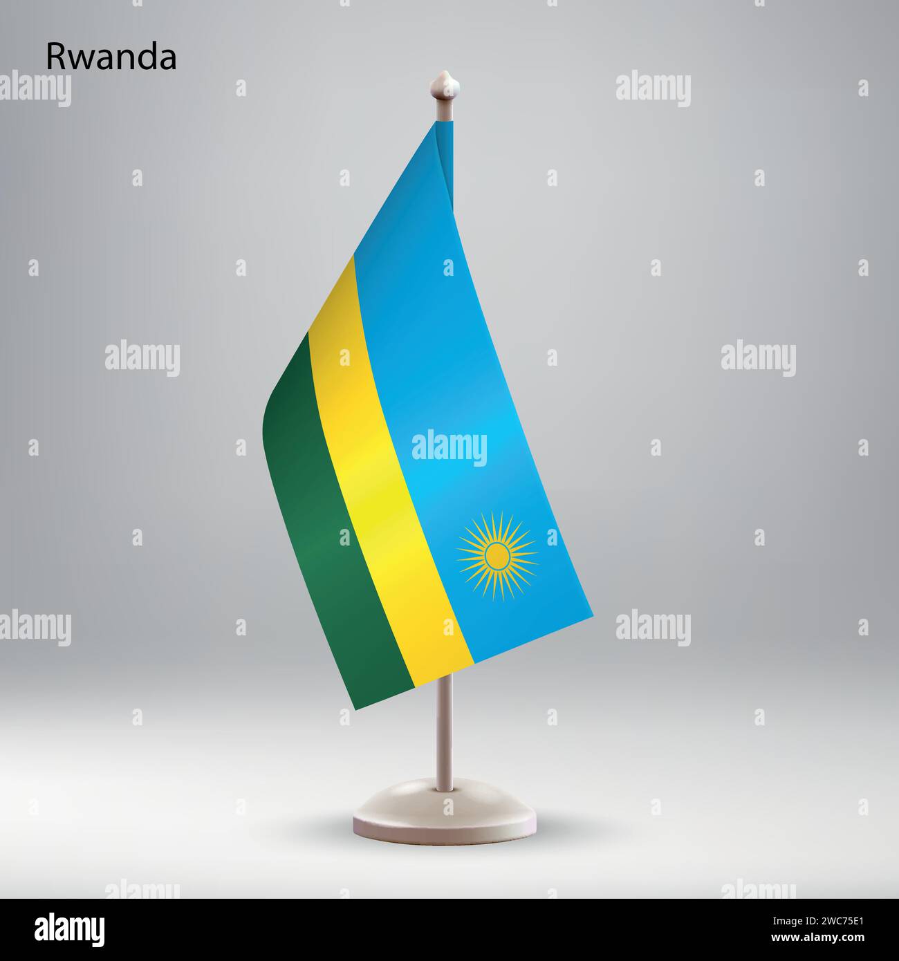 Die Flagge Ruandas hängt an einem Fahnenständer. Verwendbar für Gipfelpräsentationen oder Konferenzen Stock Vektor