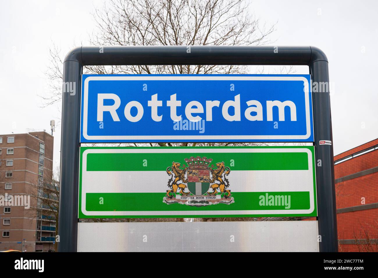 Rotterdam, Niederlande - 12. Januar 2024: Ortszeichen und Wappen der Stadt Rotterdam. Stockfoto