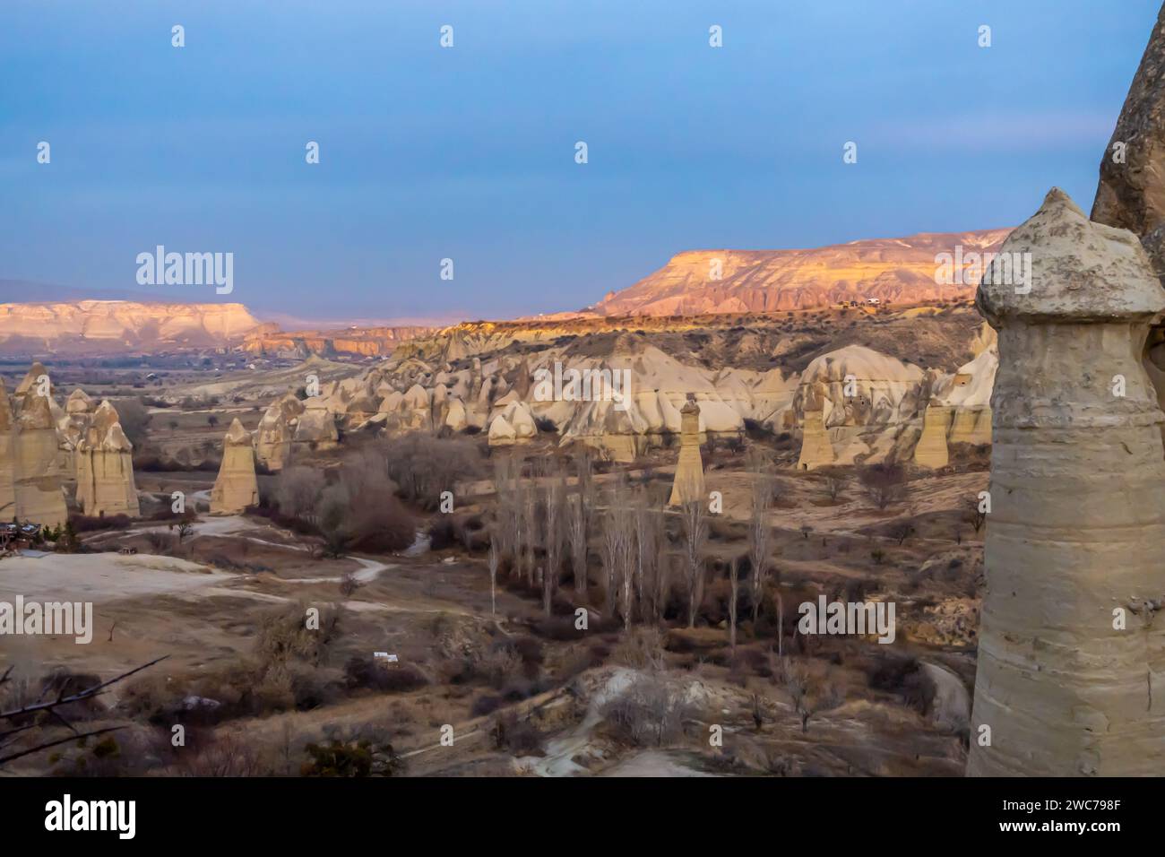 Love Valley in Kappadokien, Türkei, bekannt für seine hohen, pilzförmigen Felsformationen, die Feenkamine genannt werden. Stockfoto