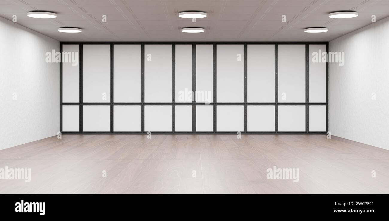 Leerer Raum mit weißen Wänden und schwarzen Balken 3D-Darstellung Stockfoto