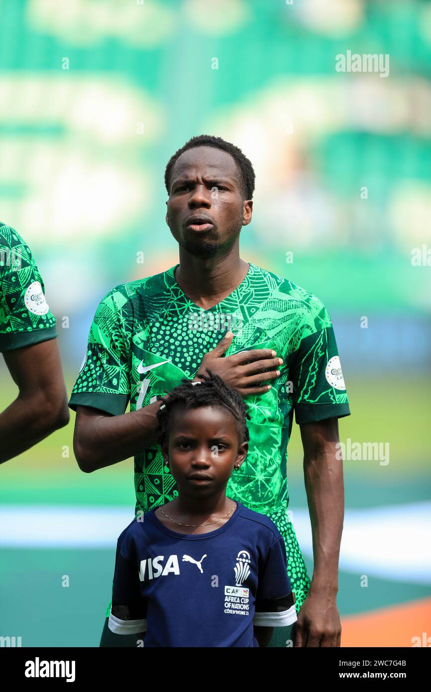 Abidjan, Nigeria. Januar 2024. Nigeria gegen Equitorial Guinea. Afrikanischer Nationenpokal AFCON 2023. Alhassan Yusuf. Victor Modo Stockfoto