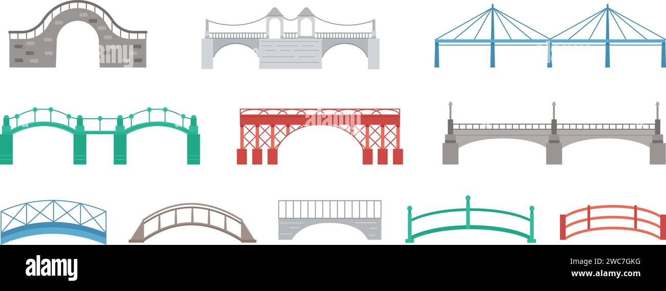 Verschiedene Flachbrücken. Isolierte Brückensymbole, verschiedene Metallbrückenwerke. Städtisches Wahrzeichen, Verkehrsstraßenelement, anständiges Vektorset Stock Vektor