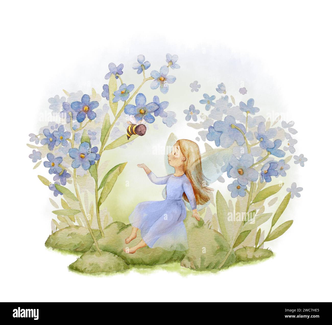 "Vergiss Mich Nicht"-Illustration. Niedliche Gartenfee Clipart. Forget Me Not Watercolor Kids Print. Wandbilder Für Kinderzimmer Stockfoto